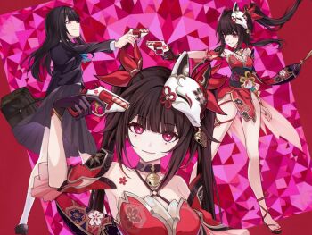 Rule 34 | 3girls, aiming at another, bell, breasts, brown hair, butterfly-shaped pupils, chest tattoo, collarbone, commentary request, detached sleeves, fingernails, floral print, floral print kimono, flower tattoo, fox mask, full body, gun, gun to head, highres, holding, holding gun, holding weapon, honkai: star rail, honkai (series), japanese clothes, kimono, long hair, long sleeves, looking at viewer, mask, mask on head, medium breasts, multiple girls, nail polish, neck bell, official alternate costume, official alternate hairstyle, parted lips, pink eyes, print kimono, red kimono, red nails, saint laurent paris, school uniform, smile, sparkle (honkai: star rail), sparkle (school uniform) (honkai: star rail), straight hair, symbol-shaped pupils, tattoo, toenail polish, toenails, twintails, weapon