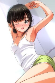 1girl ;d absurdres armpits arms_up bare_arms bare_legs black_hair blush breasts camisole collarbone curtains green_shorts grey_eyes highres indoors looking_at_viewer matsunaga_kouyou medium_hair one_eye_closed open_mouth original short_shorts shorts sidelocks sitting small_breasts smile solo stretching teeth thighs upper_teeth_only white_camisole