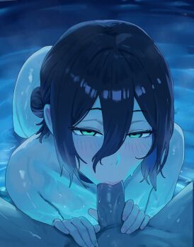 1boy 1girl absurdres black_hair chainsaw_man commentary erection fellatio green_eyes hair_between_eyes hetero highres looking_at_viewer nisakusa oral penis pool pov reze_(chainsaw_man) solo_focus uncensored wading water wet
