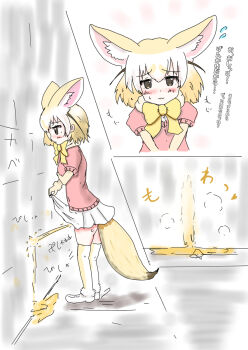 1girl animal_ears blush bow bowtie breasts brown_eyes brown_hair clothes_lift fennec_(kemono_friends) fox_ears fox_girl fox_tail fur-trimmed_shoes fur_trim have_to_pee highres hinoto_(pixiv48761170) kemono_friends looking_down medium_breasts neckwear_request peeing peeing_on_wall pink_scarf puddle red_sweater scarf shirt shoes short_hair short_sleeves skirt skirt_lift standing steam sweat sweater tail thighhighs tissue wall white_footwear white_shirt white_skirt yellow_neckwear yellow_thighhighs