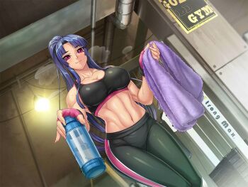 1girl abs action_taimanin blue_hair blush breasts curvy exercising female_focus fingerless_gloves game_cg gloves gym heavy_breathing indoors kagami_hirotaka large_breasts lens_flare lilith-soft long_hair looking_at_viewer pants ponytail red_eyes shiny_skin skin_tight smile solo sparkle sports_bra sportswear sweat taimanin_(series) taimanin_asagi toned towel very_long_hair yatsu_murasaki yoga_pants