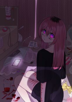 1girl bags_under_eyes bedroom black_dress bleeding blood commentary_request crack_of_light crying crying_with_eyes_open cup curtains dress highres indoors krs_rip long_hair looking_at_viewer looking_back makeup original pink_eyes pink_hair runny_makeup self-harm short_dress sidelocks solo straight_hair tears thigh_cutting unworn_clothes used_tissue wrist_cutting