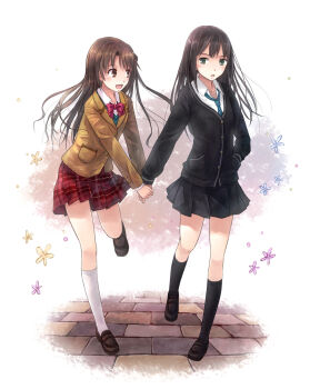 10s 2girls black_hair blazer bow brown_eyes brown_hair cardigan earrings green_eyes hand_in_pocket holding_hands idolmaster idolmaster_cinderella_girls jacket jewelry long_hair multiple_girls necklace necktie plaid_clothes plaid_skirt school_uniform shibuya_rin shimamura_uzuki skirt yakka