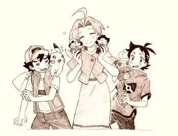 1girl 2boys ash_ketchum character_doll closed_eyes cowboy_shot delia_ketchum doll gen_1_pokemon gen_4_pokemon gen_8_pokemon goh_(pokemon) greyscale long_hair monochrome multiple_boys nintendo on_shoulder pikachu pokemon pokemon_(anime) pokemon_(creature) pokemon_journeys pokemon_on_shoulder ponytail quhi_nts raboot rotom rotom_phone short_hair short_sleeves sketch smile sparkling_eyes