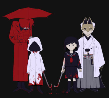 Rule 34 | 2boys, 2girls, adashino adami, black background, black hair, blood, blood on clothes, chlorenw, coat, commentary request, crossover, crowbar, fox mask, fox mask (silent hill), haori, highres, holding, holding crowbar, holding lead pipe, holding umbrella, homicipher, japanese clothes, kimono, lead pipe, looking at viewer, low ponytail, mask, mr. scarletella, multiple boys, multiple girls, ponytail, raincoat, red coat, red hair, red umbrella, shimizu hinako, short hair, silent hill (series), silent hill f, simple background, trait connection, umbrella, white coat, white hair, white kimono