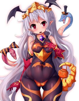 10s 1girl alternate_costume bare_shoulders bat_(animal) bat_wings black_hat bodystocking bone bracelet breasts cameltoe covered_navel elbow_gloves female_focus gloves granblue_fantasy groping hair_between_eyes halloween halloween_costume hand_on_own_chest hat head_wings headpiece jack-o&#039;-lantern jewelry light_purple_hair long_hair looking_at_viewer medusa_(shingeki_no_bahamut) nagai_wataru open_mouth pointy_ears red_eyes red_gloves shingeki_no_bahamut simple_background small_breasts snake snake_hair solo spine tail thigh_gap top_hat very_long_hair white_background wings