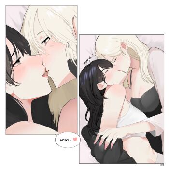 Rule 34 | 2girls, black camisole, black hair, blonde hair, breasts, brown eyes, camisole, cleavage, commentary, english commentary, english text, eye contact, grey eyes, highres, kiss, long hair, looking at another, medium breasts, midriff, multiple girls, original, parted lips, raimusoft, speech bubble, tank top, white tank top, yuri
