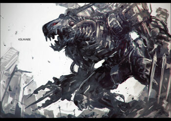 armor cable claws commentary_request digimon digimon_(creature) k-suwabe letterboxed machine monster mugendramon no_humans open_mouth outdoors red_eyes ruins sharp_teeth solo standing teeth white_background