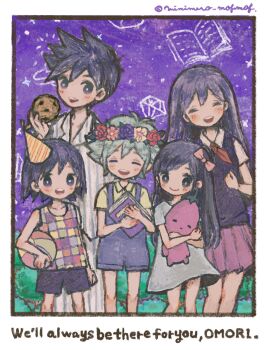 2girls 4boys :d ^_^ antenna_hair arm_at_side aubrey_(headspace)_(omori) aubrey_(omori) ball bare_arms bare_legs bare_shoulders basil_(headspace)_(omori) basil_(omori) beachball blue_hair blue_overalls blue_pants blue_shirt blush book border bow breasts bright_pupils brothers bush checkered_clothes checkered_shirt child chocolate_chip_cookie closed_eyes closed_mouth collared_shirt commentary_request cookie double-parted_bangs dress ecomimi english_text facing_viewer feet_out_of_frame flower flower_wreath food green_shirt grey_dress hair_behind_ear hair_between_eyes hair_bow hand_up hat hat_tip head_wreath hero_(headspace)_(omori) hero_(omori) highres holding holding_ball holding_beachball holding_book holding_cookie holding_food holding_stuffed_toy hugging_book hugging_object kel_(headspace)_(omori) kel_(omori) leaf long_hair looking_at_viewer mari_(headspace)_(omori) mari_(omori) miniskirt mr._plantegg_(omori) multiple_boys multiple_girls neckerchief no_nose no_sclera omori open_mouth orange_hat outdoors overall_shorts overalls pants party_hat pink_bow pleated_skirt purple_eyes purple_flower purple_hair purple_rose purple_shorts purple_skirt purple_sky purple_sweater_vest red_flower red_neckerchief red_rose rose shirt short_dress short_hair short_sleeves shorts siblings skirt sky sleeveless sleeveless_shirt small_breasts smile sparkle standing straight_hair striped_clothes striped_hat striped_pants striped_shirt stuffed_animal stuffed_eggplant stuffed_toy sweater_vest tareme teeth twitter_username two-tone_pants two-tone_shirt upper_teeth_only vertical-striped_clothes vertical-striped_pants vertical-striped_shirt very_short_hair white_border white_pants white_pupils white_shirt yellow_flower