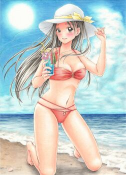 1girl absurdres beach bikini black_hair blue_sky blush bow breasts cameltoe closed_mouth cloud cloudy_sky commentary_request cup day drinking_straw floating_hair food fruit glass grey_eyes hands_up hat hat_bow highres holding holding_cup horizon kneeling large_breasts light_smile long_hair looking_at_viewer marker_(medium) midori_(mira567) multi-strapped_bikini_bottom navel ocean on_ground original outdoors red_bikini sand sky solo stomach sun swimsuit traditional_media watermelon watermelon_slice white_hat yellow_bow
