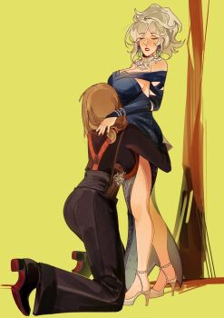 2girls bare_shoulders black_pants black_shirt black_shoes blue_bridal_gauntlets blue_dress breasts bridal_gauntlets brown_hair closed_eyes dress eternity_(reverse:1999) full_body gun handgun high_heels highres holster hugging_ass jewelry kneeling large_breasts long_dress medium_hair multiple_girls necklace off-shoulder_dress off_shoulder pants parted_lips ponytail reverse:1999 revolver shirt shoes shwimzii side_slit standing suspenders tennant_(reverse:1999) weapon white_hair white_shoes yellow_background yuri