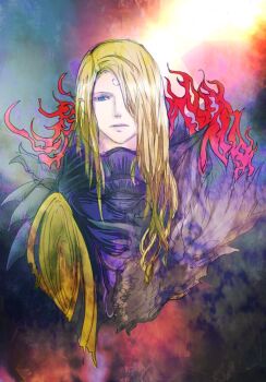 1boy armor black_armor blonde_hair blue_eyes closed_mouth commentary dragon english_commentary final_fantasy final_fantasy_xiv garlean hair_over_one_eye long_hair male_focus ruka_(blueplus84) shinryu_(final_fantasy) third_eye zenos_yae_galvus