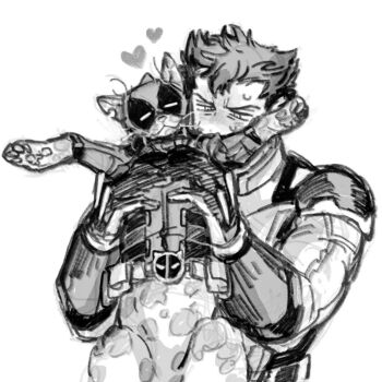 1boy animal animalization beard belt bodysuit cat deadpool deadpool_&amp;_wolverine deadpool_(series) dishing facial_hair gloves heart holding holding_animal holding_cat looking_at_animal male_focus marvel marvel mask monochrome muscular muscular_male pectorals scar scars_all_over short_hair superhero_costume sweatdrop too_many wolverine_(x-men) x-men