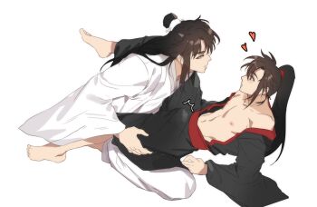 2boys ^^^ bare_pectorals bare_shoulders barefoot black_hair black_hanfu blush brown_eyes brown_hair bulge chinese_clothes closed_mouth collarbone full_body groin hair_tie hand_on_another&#039;s_thigh hanfu heart highres jujeop korean_commentary lan_wangji leg_grab long_hair long_sleeves looking_at_another lying male_focus modao_zushi multiple_boys navel nipples off_shoulder open_clothes open_robe pectorals ponytail robe sidelocks simple_background sitting spread_legs topknot wei_wuxian white_background white_hanfu wide_sleeves xiao_guan_(headdress) yaoi yellow_eyes
