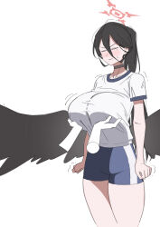 Rule 34 | 1girl, absurdres, angry, black choker, black hair, black wings, blue archive, blue shorts, blush, breast lift, breasts, choker, clenched hand, closed eyes, closed mouth, disembodied limb, feathered wings, grabbing, grabbing another&#039;s breast, gym shirt, gym shorts, gym uniform, hair between eyes, halo, hasumi (blue archive), hasumi (track) (blue archive), highres, hofdechiski, huge breasts, large wings, long hair, low wings, mole, mole under eye, nose blush, official alternate costume, ponytail, red halo, sensei (blue archive), shirt, short shorts, short sleeves, shorts, simple background, solo focus, standing, sweatdrop, trembling, very long hair, white background, white shirt, wings
