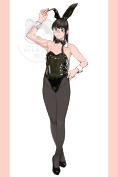 1girl absurdres alternate_costume animal_ears black_footwear black_hair bow bowtie breasts detached_collar fake_animal_ears full_body green_eyes hand_on_own_hip high_heels highres kantai_collection long_hair ojipon ooyodo_(kancolle) pantyhose playboy_bunny rabbit_ears see-through_strap small_breasts solo two-tone_background watermark white_background wrist_cuffs