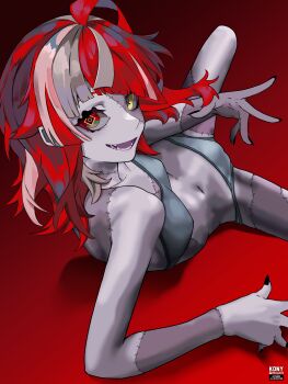 1girl absurdres ahoge alternate_hairstyle artist_name colored_skin colored_tongue gradient_background grey_hair grey_skin heterochromia highres hololive hololive_indonesia kureiji_ollie looking_at_viewer looking_back lying mismatched_pupils multicolored_hair multicolored_skin nkonya open_mouth patchwork_skin pink_hair purple_tongue red_background red_eyes red_hair simple_background smile solo spread_legs stitched_arm stitched_face stitched_leg stitches symbol-shaped_pupils twitter_username two-tone_skin virtual_youtuber x-shaped_pupils yellow_eyes zombie