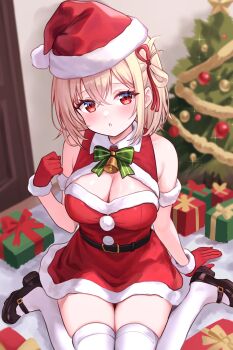 1girl absurdres bare_shoulders belt bibixart black_shoes blonde_hair bow bowtie box breasts christmas_tree cleavage dress gift gift_box gloves hair_ribbon hat highres large_breasts lycoris_recoil nishikigi_chisato parted_lips red_eyes red_gloves red_hat ribbon santa_costume santa_dress santa_hat shoes short_hair sitting sleeveless sleeveless_dress solo thighhighs wariza white_thighhighs zettai_ryouiki