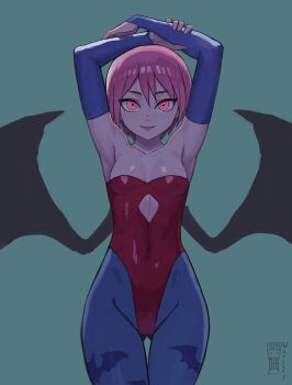 1girl absurdres animal_print arms_behind_head arms_up artist_logo artist_name bat_print blue_pantyhose breasts closed_mouth covered_navel darkstalkers demon_girl demon_wings highres leotard lilith_(darkstalkers) logo pantyhose pear-shaped_figure red_leotard revision short_hair small_breasts smile solo watcher_hollow wings