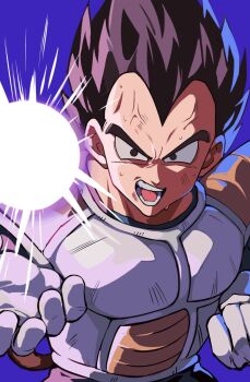 Rule 34 | 1boy, black eyes, black hair, blue background, clenched hand, commentary request, dirty, dirty face, dragon ball, dragonball z, energy ball, gloves, highres, looking at viewer, male focus, monkey boy, monkey tail, muscular, muscular male, natume12izr, open mouth, saiyan armor, scene reference, short hair, spiked hair, sweatdrop, tail, teeth, v-shaped eyebrows, vegeta, veiny face, white gloves, widow's peak