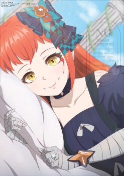 1girl absurdres aqua_eyeshadow bandaged_arm bandaged_hand bandages black_choker black_dress choker dress eyeliner eyeshadow facial_mark fire_emblem fire_emblem_engage hair_ornament highres long_hair looking_at_viewer makeup nintendo orange_hair panette_(fire_emblem) red_eyeliner short_bangs stitched_mouth stitches tak0baka yellow_eyes