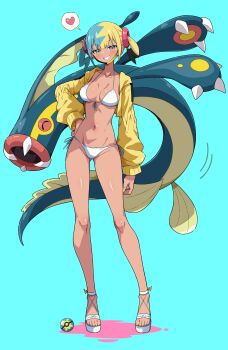 1girl absurdres aqua_background aqua_hair bikini black_mask blonde_hair blue_eyes breasts canari_(pokemon) colored_sclera commentary_request dark-skinned_female dark_skin eel eelektross eggman_(ni_tamagoex) fangs fish gen_5_pokemon grin heart highres jacket lamprey light_blush long_sleeves looking_at_viewer mask mask_pull medium_breasts mouth_mask multicolored_hair navel nintendo open_mouth platform_sandals poke_ball pokemon pokemon_(creature) pokemon_legends:_z-a quick_ball red_sclera sandals short_twintails simple_background smile speech_bubble split-color_hair spoken_heart stomach swimsuit twintails two-tone_mask white_bikini yellow_jacket yellow_mask
