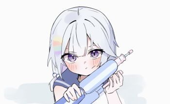 1girl animated animated_gif ayatsuno_yuni blue_sailor_collar blush closed_mouth grey_hair holding holding_water_gun just_0012 looking_at_viewer multicolored_hair purple_eyes purple_hair sailor_collar sexually_suggestive simple_background solo stellive virtual_youtuber water_gun white_background