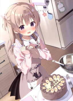 Rule 34 | 1girl, absurdres, apron, black skirt, blush, brown apron, brown eyes, brown hair, cake, chocolate cake, choppy bangs, cowboy shot, dengeki moeoh, food, furrowed brow, hair ornament, hair ribbon, hairpin, hands up, highres, holding, holding pastry bag, indoors, kitchen, long hair, long sleeves, looking at viewer, magazine scan, open mouth, original, pastry bag, pink ribbon, pink shirt, pleated skirt, refrigerator, ribbon, scan, shirt, skirt, solo, sweatdrop, takepoison, third-party source, two side up, valentine