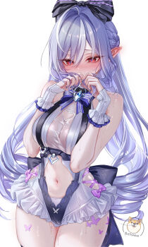 1girl absurdres artist_name blush breasts clothing_cutout commentary_request covering_own_mouth drill_hair heart heart_cutout highres long_hair medium_breasts multicolored_hair official_alternate_costume one-piece_swimsuit playing_with_own_hair pointy_ears pottsness purple_hair purple_nails red_eyes simple_background solo stomach streaked_hair swimsuit vivian_banshee vivian_banshee_(iris_of_the_shore) wet wet_clothes wet_swimsuit white_background white_hair white_one-piece_swimsuit wrist_cuffs zenless_zone_zero