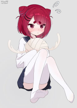 1girl :< blue_sailor_collar blue_skirt blush convenient_censoring dot_nose embarrassed eyelashes female_focus full_body grey_background knees_together_feet_apart loli looking_afar medium_hair red_eyes red_hair sailor_collar school_uniform shirt simple_background sitting skirt sleeves_past_fingers sleeves_past_wrists solo thick_eyebrows thighhighs white_shirt white_thighhighs yujuki