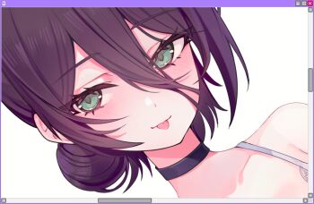 Rule 34 | 1girl, art program in frame, black choker, chainsaw man, choker, closed mouth, commentary, dieselhuh, double-parted bangs, english commentary, green eyes, hair between eyes, hair bun, looking at viewer, portrait, purple hair, reze (chainsaw man), simple background, single hair bun, smile, solo, tongue, tongue out, unfinished, white background