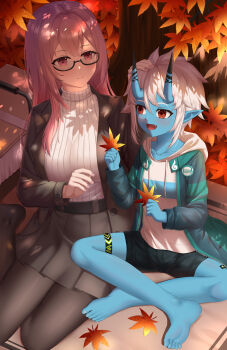2girls absurdres barefoot belt black_choker black_pantyhose black_shorts black_skirt blue_skin blush brown_jacket choker closed_mouth colored_skin fang feet glasses highres hood hoodie horns jacket leaf long_hair long_sleeves maple_leaf multicolored_jacket multiple_girls oni open_mouth pantyhose pink_eyes pink_hair pointy_ears shorts skirt skym_(kumei) smile soukaku_(zenless_zone_zero) sweater toes tree tsukishiro_yanagi under_tree white_hair white_hoodie white_sweater zenless_zone_zero
