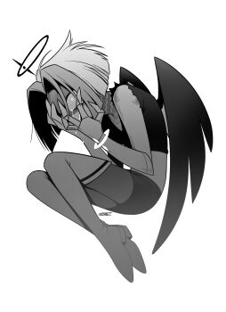 1girl absurdres belt bent_back blunt_ends bob_cut boots bracelet commentary_request covered_mouth covering_face crossed_ankles crying crying_with_eyes_open curtained_hair dress feathered_wings feathers fewer_digits full_body greyscale halo hands_up hazbin_hotel hellaverse high_heel_boots high_heels highres inverted_bob jewelry looking_at_viewer lute_(hazbin_hotel) mechanical_arms menma_(enaic31) monochrome multicolored_hair pencil_dress shaded_face short_dress short_hair signature single_mechanical_arm sitting solo streaked_hair tears thigh_boots three-quarter_sleeves two-tone_hair wide-eyed wings