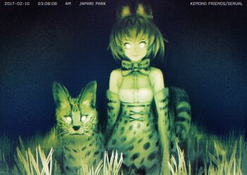 10s 1girl 2017 animal animal_ears animal_print arms_at_sides bare_shoulders belt blonde_hair bow bowtie breasts cat_ears cat_tail character_name closed_mouth copyright_name cowboy_shot creature_and_personification cross-laced_clothes dated elbow_gloves fake_screenshot gloves glowing glowing_eyes high-waist_skirt kemono_friends looking_at_viewer medium_breasts miniskirt name_connection night night-vision_device outdoors personification poojon_x recording serval serval_(kemono_friends) serval_tail shirt short_hair skirt sky sleeveless smile tail time timestamp white_shirt yellow_eyes yellow_theme