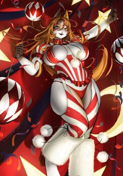 1girl animal_ears asya_(kmnsaur) balloon blush breasts breasts_apart cat_ears cat_girl circus commentary confetti diagonal-striped_thighhighs dress english_commentary feet_out_of_frame frilled_dress frills fur-trimmed_thighhighs fur_trim furry furry_female green_eyes hair_between_eyes half-closed_eyes hands_up highres indoors kmnsaur large_breasts long_hair looking_at_viewer looking_down open_mouth orange_hair original panties pom_pom_(clothes) puffy_short_sleeves puffy_sleeves red_dress red_panties red_thighhighs short_sleeves sideboob skindentation snout solo sparkle sparkling_aura striped_clothes striped_dress telegram_username thick_thighs thighhighs thighs underwear vertical-striped_clothes vertical-striped_dress very_long_hair