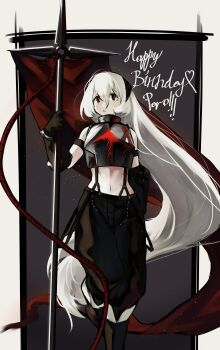 1girl absurdres armor banner bare_shoulders black_eyes black_horns boots border brown_boots brown_gloves brown_overalls closed_mouth commentary english_commentary english_text feet_out_of_frame gift_art gloves grey_background hair_between_eyes happy_birthday highres holding holding_banner holding_polearm holding_weapon horns kobi420 long_hair looking_at_viewer midriff navel original overalls plate_armor polearm red_flag revision rope shoulder_strap solo standing sunset_(porforever) suspenders very_long_hair weapon white_border white_hair