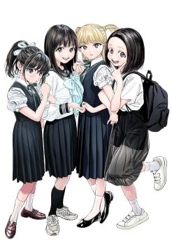 4girls akebi-chan_no_serafuku akebi_komichi black_bag black_eyes black_hair black_shoes black_shorts black_skirt black_socks black_vest blonde_hair blue_bow blunt_bangs bow breasts brown_shoes closed_mouth collared_shirt colorized dot_nose female_focus forehead full_body glasses green_ribbon hair_ribbon highres hiro_(dismaless) holding_hands kizaki_erika long_hair long_skirt long_sleeves looking_at_viewer manga_illustration manga_page multiple_girls official_art one_leg_raised open_mouth peace_symbol pleated_skirt ponytail ribbon roubai_academy_school_uniform_(old) see-through_clothes see-through_skirt serafuku shirt shoes short_hair short_sleeves shorts skirt small_breasts smile socks tatsumori_ai teeth twintails upper_teeth_only usagihara_touko vest white_ribbon white_serafuku white_shirt white_shoes white_socks