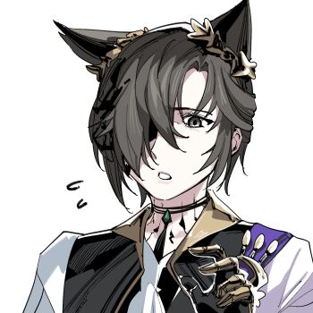 Rule 34 | 1boy, animal ears, arknights, black gloves, black vest, commentary request, flying sweatdrops, gloves, grey hair, hair over one eye, hand up, highres, kinbakuman, male focus, phantom (arknights), shirt, short hair, simple background, solo, upper body, vest, white background, white shirt