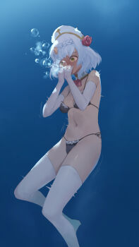1girl absurdres air_bubble asphyxiation bikini black_bikini blowing_bubbles blue_hair braid breasts bubble commentary covering_own_mouth dated_commentary detached_collar drowning elbow_gloves feet_out_of_frame frilled_bikini frills full_body genshin_impact gloves hat highres large_breasts no_shoes noelle_(genshin_impact) nurse_cap rou_(rou22) shield_hair_ornament short_hair side-tie_bikini_bottom solo swimsuit thighhighs twitching underwater white_gloves white_thighhighs