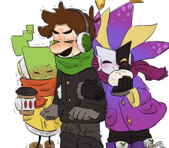 1girl 2boys blush brown_hair clenched_teeth closed_eyes clown clown_boy coat cup dimentio disposable_cup earmuffs facial_hair food gloves highres jacket jester jester_boy luigi mario_(series) mimi_(paper_mario) mimimim9999 multiple_boys mustache nintendo paper_mario scarf super_paper_mario teeth white_background winter_clothes