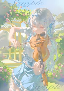 1girl absurdres blue_bow blue_ribbon blue_skirt bow bow_(music) bush closed_mouth cowboy_shot day flower frills garter_straps hair_bow hair_ornament hair_ribbon hairclip highres holding holding_instrument holding_violin instrument long_hair music original outdoors pink_flower playing_instrument red_eyes ribbon shirt short_sleeves skirt smile solo thighhighs tuituibin violin watermark white_hair white_shirt white_thighhighs