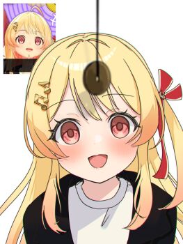 1girl ahoge blonde_hair blush commentary_request empty_eyes fortissimo hair_ornament hair_ribbon highres hololive hololive_dev_is hypnosis long_hair looking_at_viewer mind_control multicolored_hair musical_note musical_note_hair_ornament o2mwnb9 one_side_up open_mouth otonose_kanade red_eyes red_ribbon reference_inset ribbon shirt solo virtual_youtuber