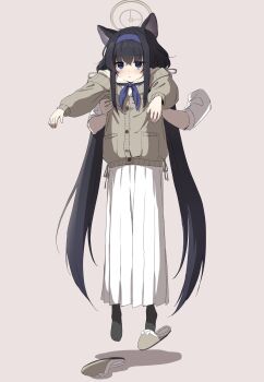 1girl :| absurdly_long_hair animal_ears bags_under_eyes black_hair black_socks blue_archive blue_eyes blue_hairband blue_neckerchief blush cardigan cat_ears closed_mouth commentary_request crossed_bangs detached_arm hair_between_eyes hairband halo higher_resolution_available highres jitome kemonomimi_mode lifting_person long_hair long_skirt long_sleeves longcat_(meme) low_twintails meme mogurii neckerchief pink_background pleated_skirt sailor_collar shadow shirt sidelocks simple_background skirt slippers socks solo twintails ui_(blue_archive) very_long_hair white_sailor_collar white_shirt white_skirt