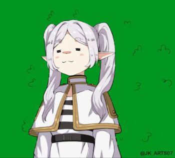 1girl :3 =_= animated artist_name blush_stickers bush capelet earrings elf frieren gold_trim grey_hair homer_simpson_backs_into_bushes_(meme) jewelry jk_arts long_pointy_ears meme parody parted_bangs pointy_ears scene_reference shirt solo sousou_no_frieren standing striped_clothes striped_shirt teardrop_earrings the_simpsons thick_eyebrows twintails twitter_username upper_body video white_capelet