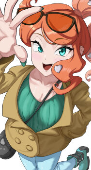 Rule 34 | 1girl, absurdres, aqua boots, aqua eyes, aqua nails, aqua shirt, black-framed eyewear, boots, breasts, brown coat, cleavage, coat, collarbone, commentary request, denim, eyewear on head, hair ornament, hand in pocket, hand up, heart, heart hair ornament, highres, jeans, medium breasts, nintendo, orange-tinted eyewear, orange hair, pants, pokemon, pokemon swsh, ribbed shirt, shirt, side ponytail, side ponytail with hair base, smile, solo, sonia (pokemon), sunglasses, swept bangs, takundraws, tinted eyewear, v-neck, wavy hair