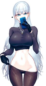 1girl angelica_(project_moon) black_gloves black_sweater blue_eyes breasts brown_pantyhose cellphone commentary english_commentary gloves grey_hair heart highres holding holding_phone jewelry library_of_ruina long_hair long_sleeves looking_at_viewer mirror_selfie navel necklace pantyhose phone project_moon sansan375223 selfie simple_background smartphone solo stomach sweater turtleneck turtleneck_sweater very_long_hair white_background