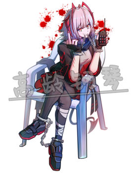 1girl absurdres antenna_hair arknights black_gloves black_jacket black_pantyhose black_scarf breasts commentary_request controller cuffs demon_girl demon_horns demon_tail detonator fingerless_gloves gaoling_gangqin gloves grey_hair grey_shirt handcuffs highres holding holding_remote_control horns jacket large_breasts looking_at_viewer middle_finger mouth_hold open_clothes open_jacket pantyhose red_eyes red_horns red_nails remote_control scarf shackles shirt simple_background smile solo tail w_(arknights) white_background