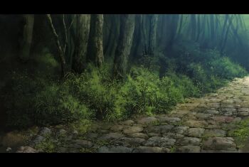 air724 bad_id bad_pixiv_id bush cobblestone dark forest grass letterboxed nature no_humans original path realistic road scenery tree