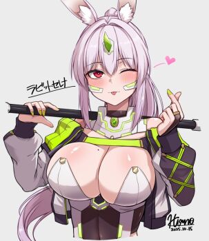 1girl ;p animal_ear_fluff animal_ears artist_name bare_shoulders blush breasts bridal_gauntlets cleavage closed_mouth commentary_request cropped_jacket dated finger_heart green_nails grey_background hair_between_eyes hands_up heart hiruno holding jacket large_breasts leotard long_hair long_sleeves looking_at_viewer magical_girl mole mole_on_breast nail_polish one_eye_closed open_clothes open_jacket original ponytail puffy_long_sleeves puffy_sleeves rabbit_ears rabbit_selena_(hiruno) red_eyes shrug_(clothing) signature simple_background smile solo tongue tongue_out upper_body white_hair white_jacket yuina_(hiruno)