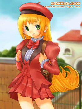 1girl 2002 artist_name backpack bad_id bag beret blonde_hair blue_sky blurry blurry_background bow bowtie brown_bag building buttons center_frills closed_mouth cloud commentary_request cowboy_shot day earrings flipped_hair frills gate green_eyes hat jacket jewelry juliet_sleeves kururu_(little_princess) little_princess long_hair long_sleeves lowres marl_kingdom miniskirt open_clothes open_jacket outdoors path pearl_earrings pleated_skirt puffy_sleeves red_bow red_bowtie red_hat red_jacket red_skirt red_vest road saikachi_(ogre_tree) shirt skirt sky smile solo vest watermark web_address white_shirt